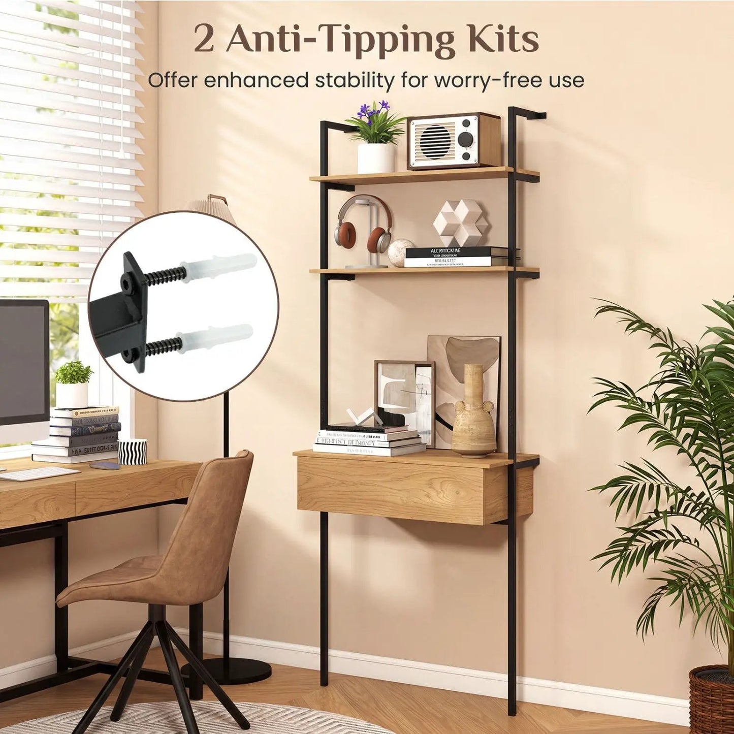 4-Tier Ladder Bookshelf with Drawer and Metal