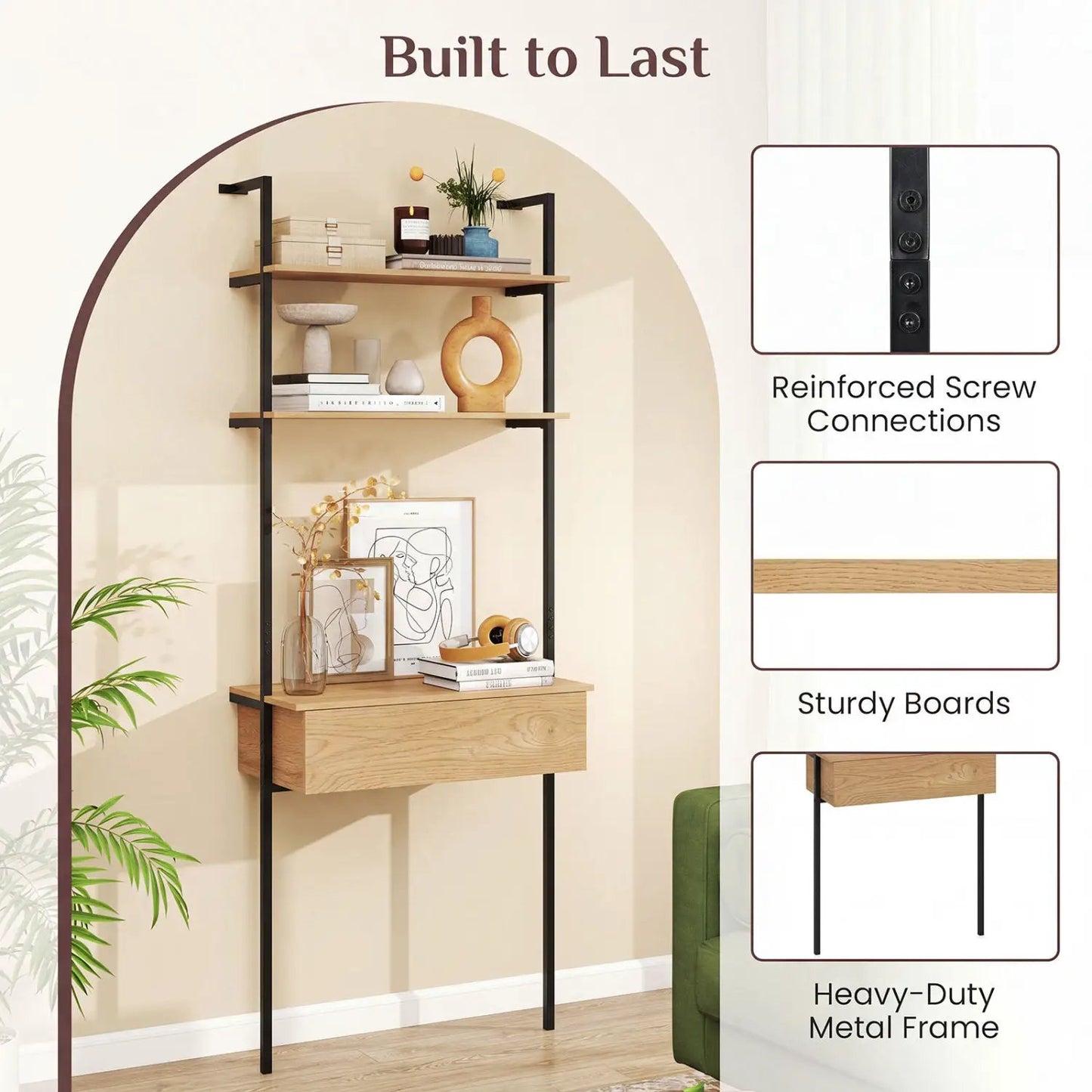 4-Tier Ladder Bookshelf with Drawer and Metal