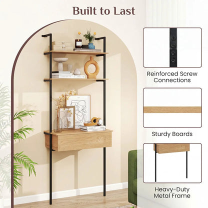 4-Tier Ladder Bookshelf with Drawer and Metal