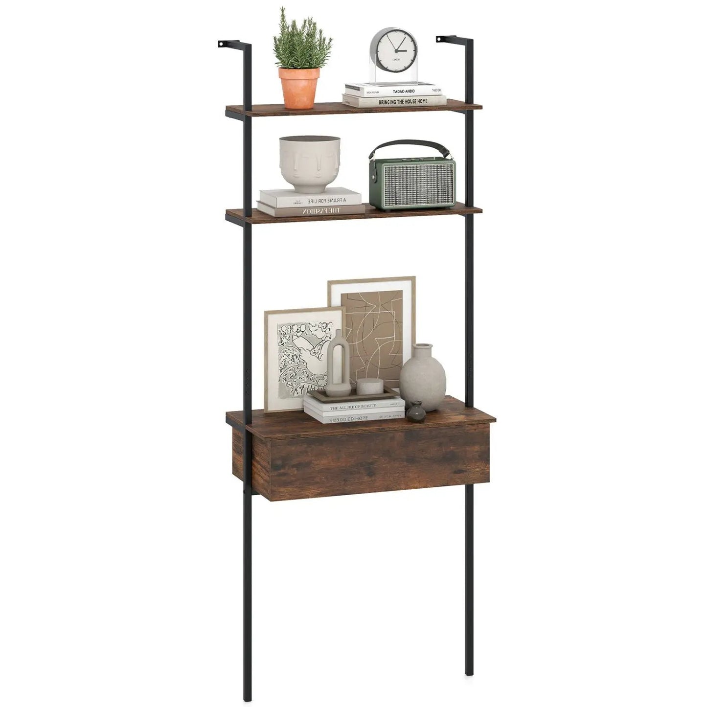 4-Tier Ladder Bookshelf with Drawer and Metal