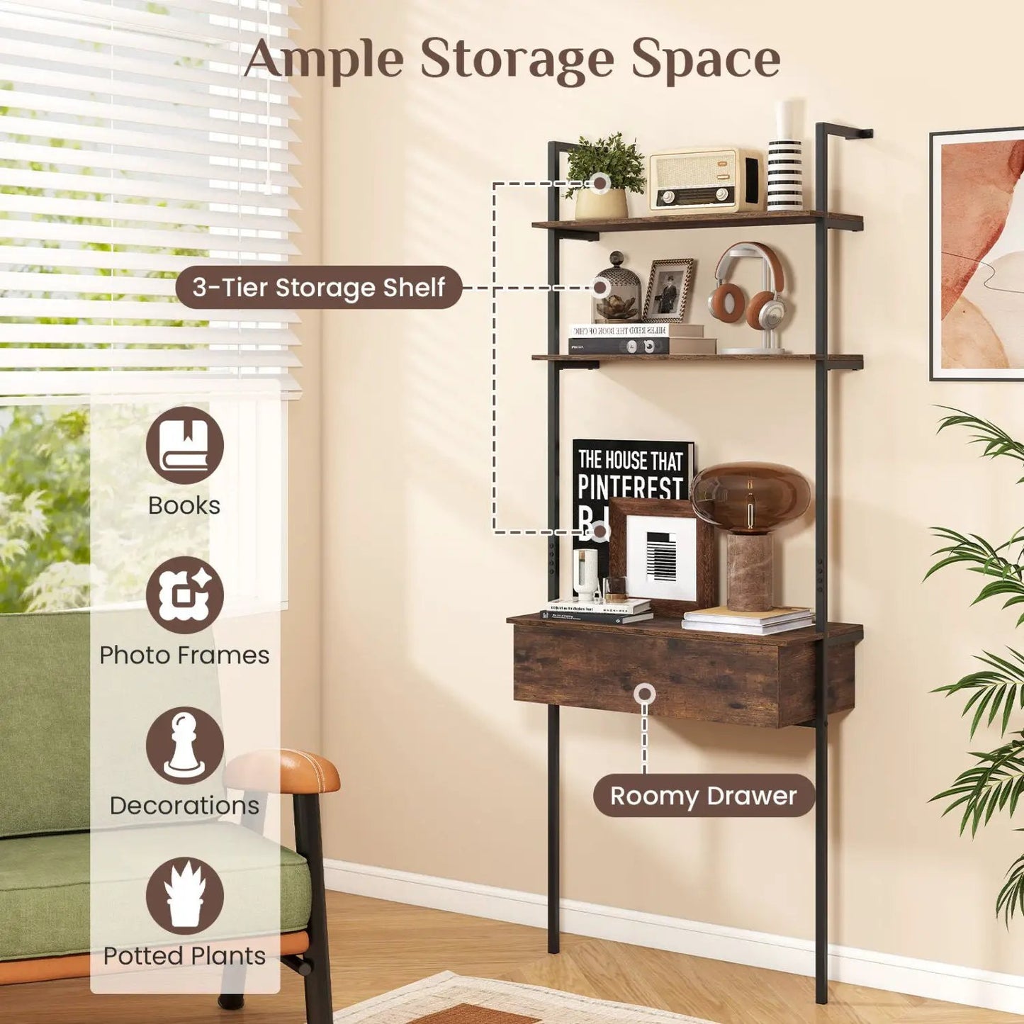 4-Tier Ladder Bookshelf with Drawer and Metal