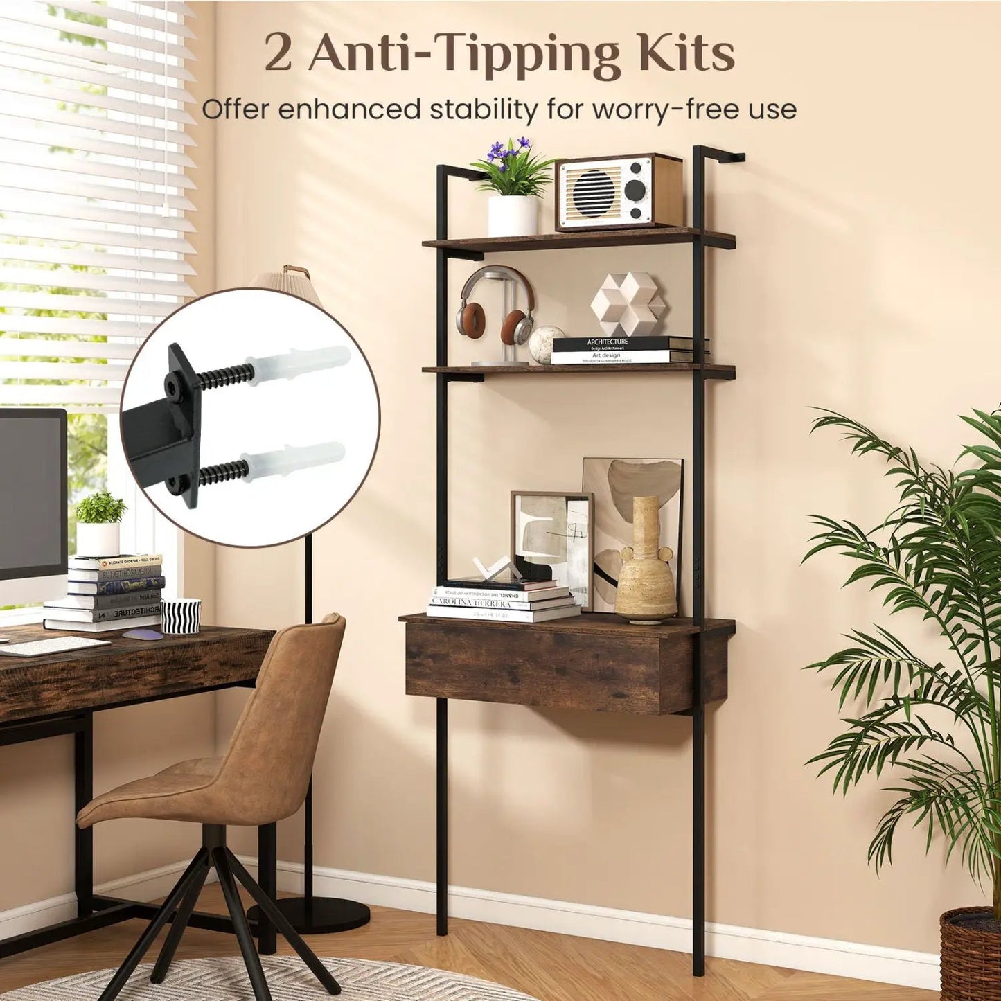 4-Tier Ladder Bookshelf with Drawer and Metal