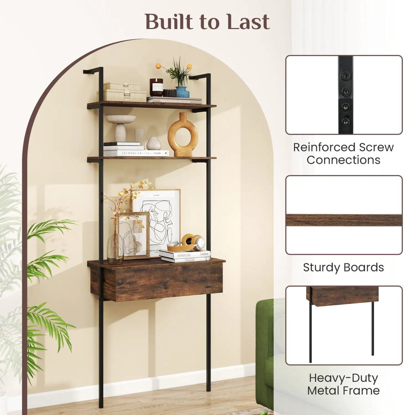 4-Tier Ladder Bookshelf with Drawer and Metal