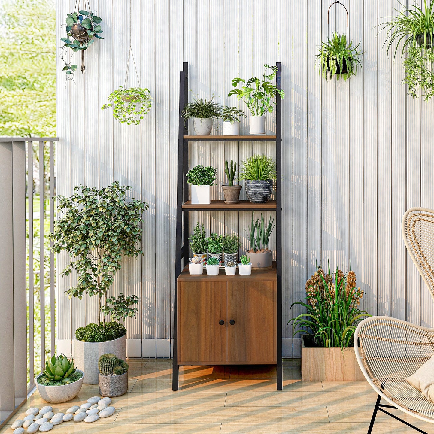 4-Tier Ladder Shelf with Cabinet and Metal Frame-Rustic Brown