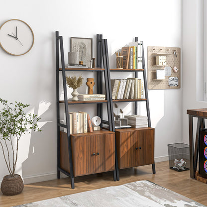 4-Tier Ladder Shelf with Cabinet and Metal Frame-Rustic Brown