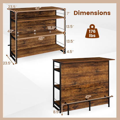 4-Tier Mini Bar Kitchen Island with Footrest and Wine Rack-Coffee