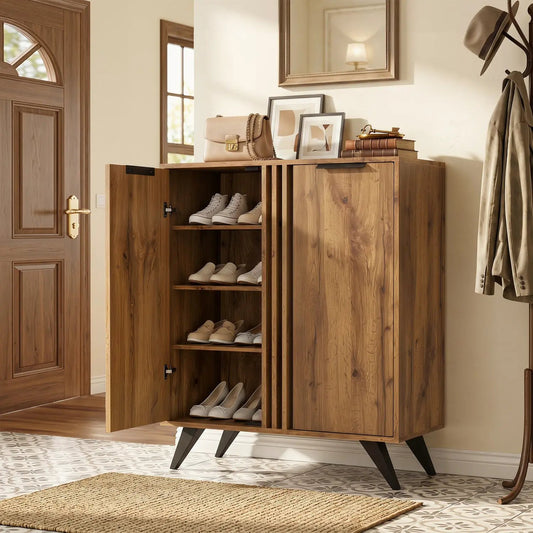 DirectDeals 4-Tier Shoe Cabinet with 2 Doors in wood finish, open shelves with white shoes on Tampa Home & Garden Store