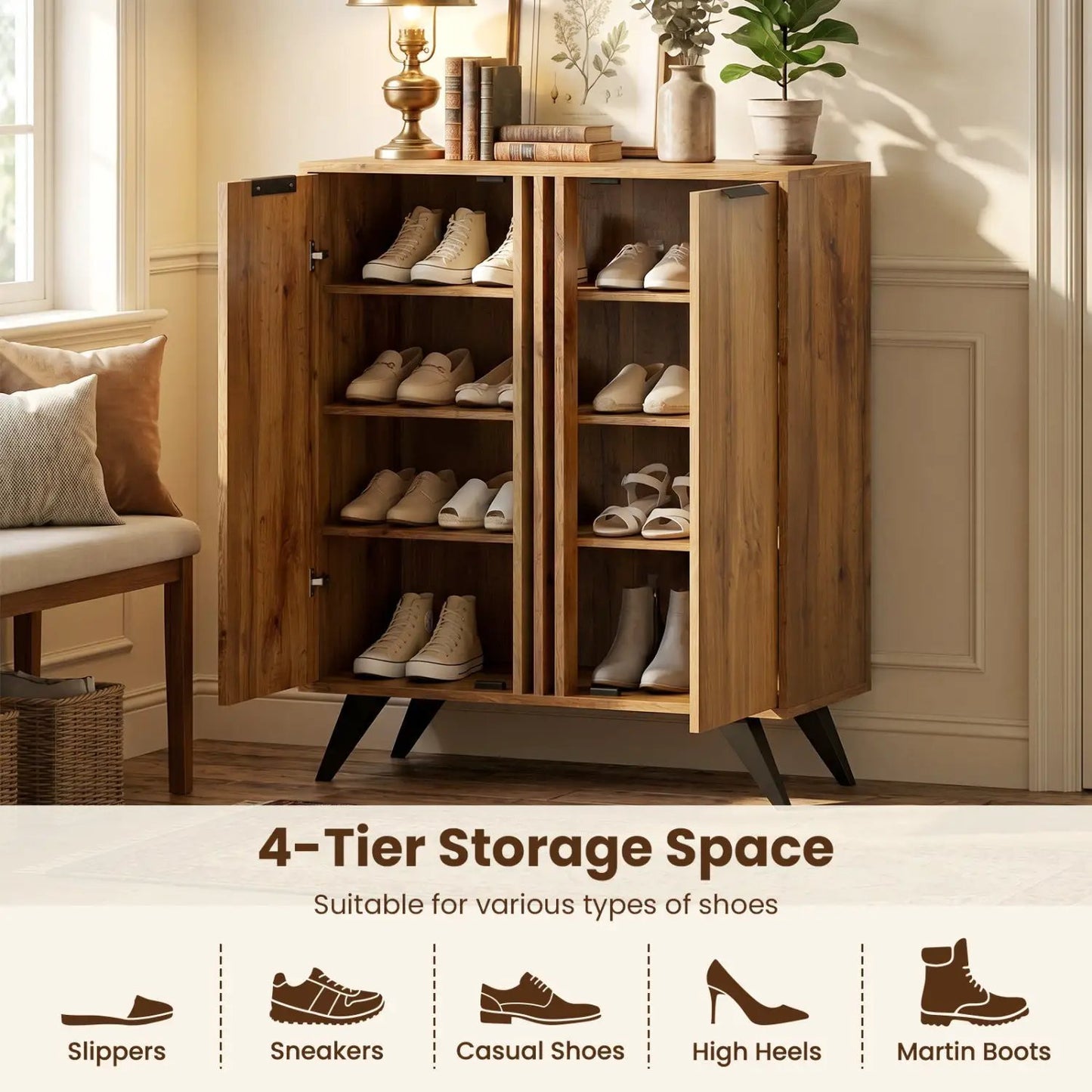 4-Tier Shoe Cabinet with 2 Doors - Natural Wood Finish
