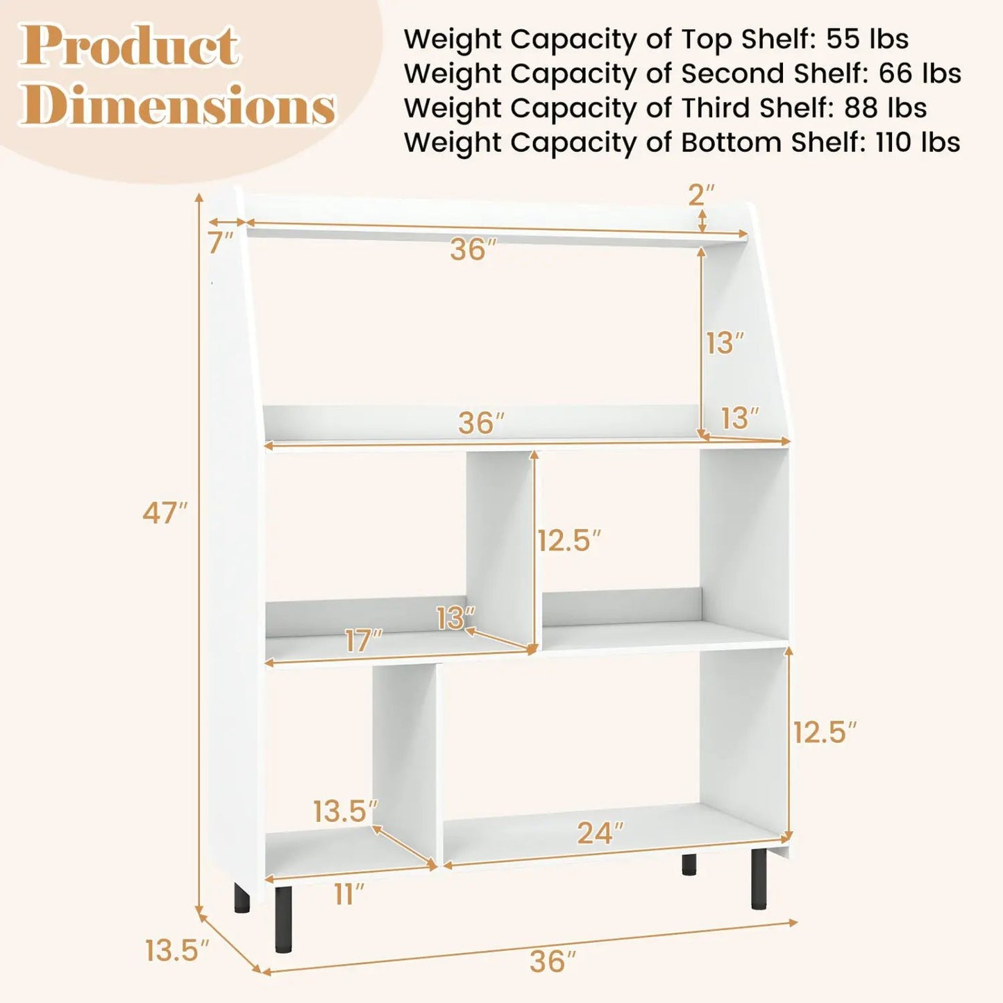4 Tier Open Bookcase with Anti Tipping Kits White