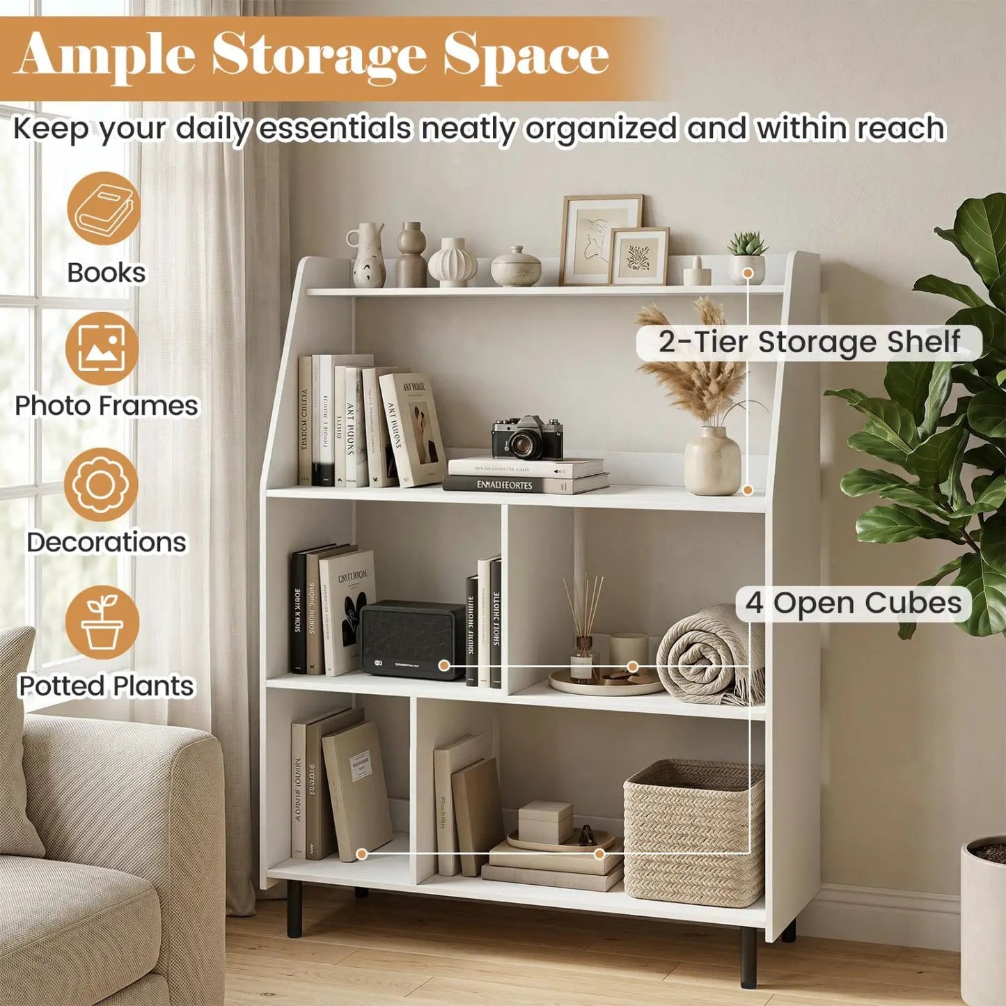4 Tier Open Bookcase with Anti Tipping Kits White
