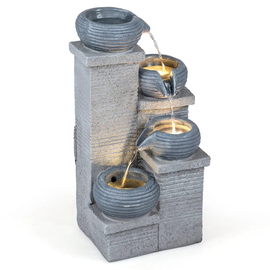 4-Tier Outdoor Water Fountain DirectDeals cascading gray stone bowls with LED lights on Tampa Home & Garden Store