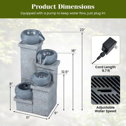 4-Tier Outdoor Water Fountain With LED Lights