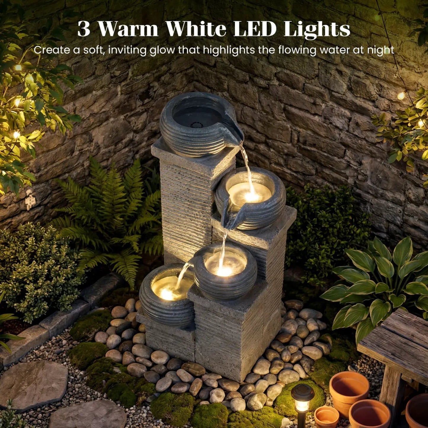 4-Tier Outdoor Water Fountain With LED Lights