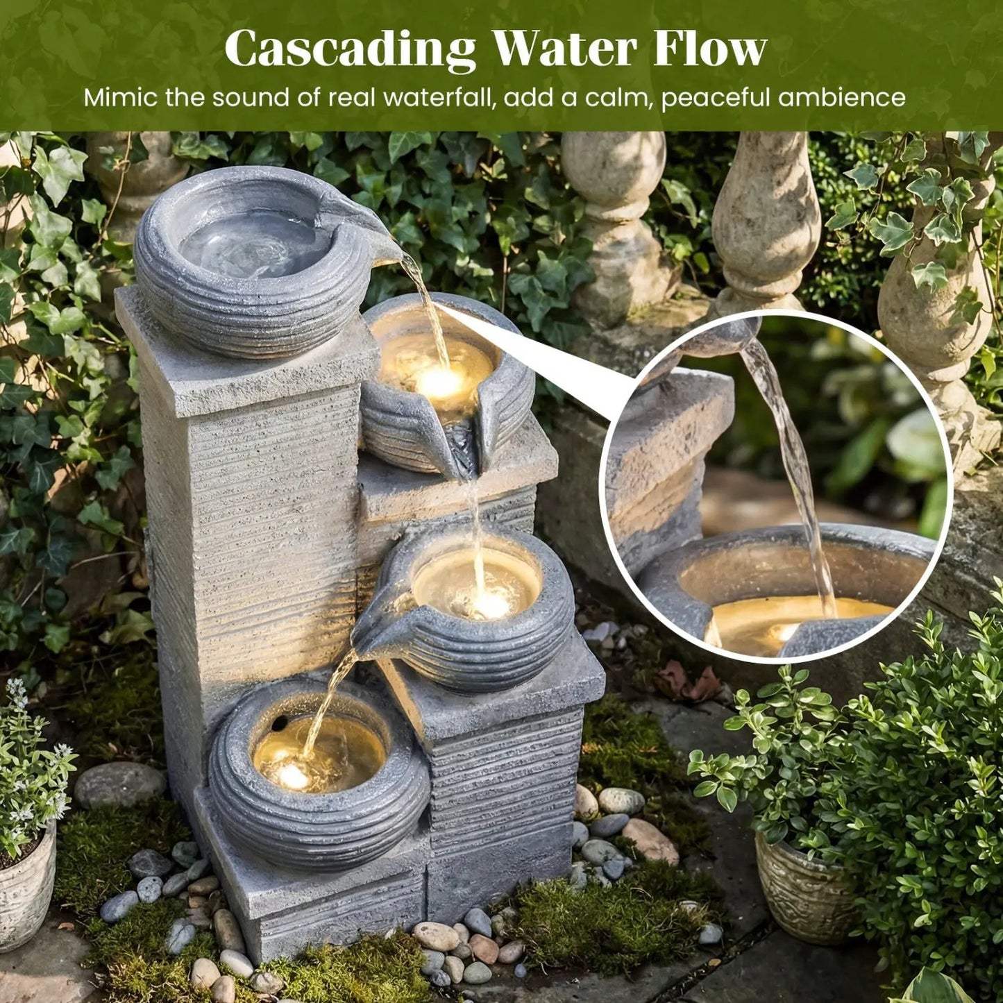 4-Tier Outdoor Water Fountain With LED Lights