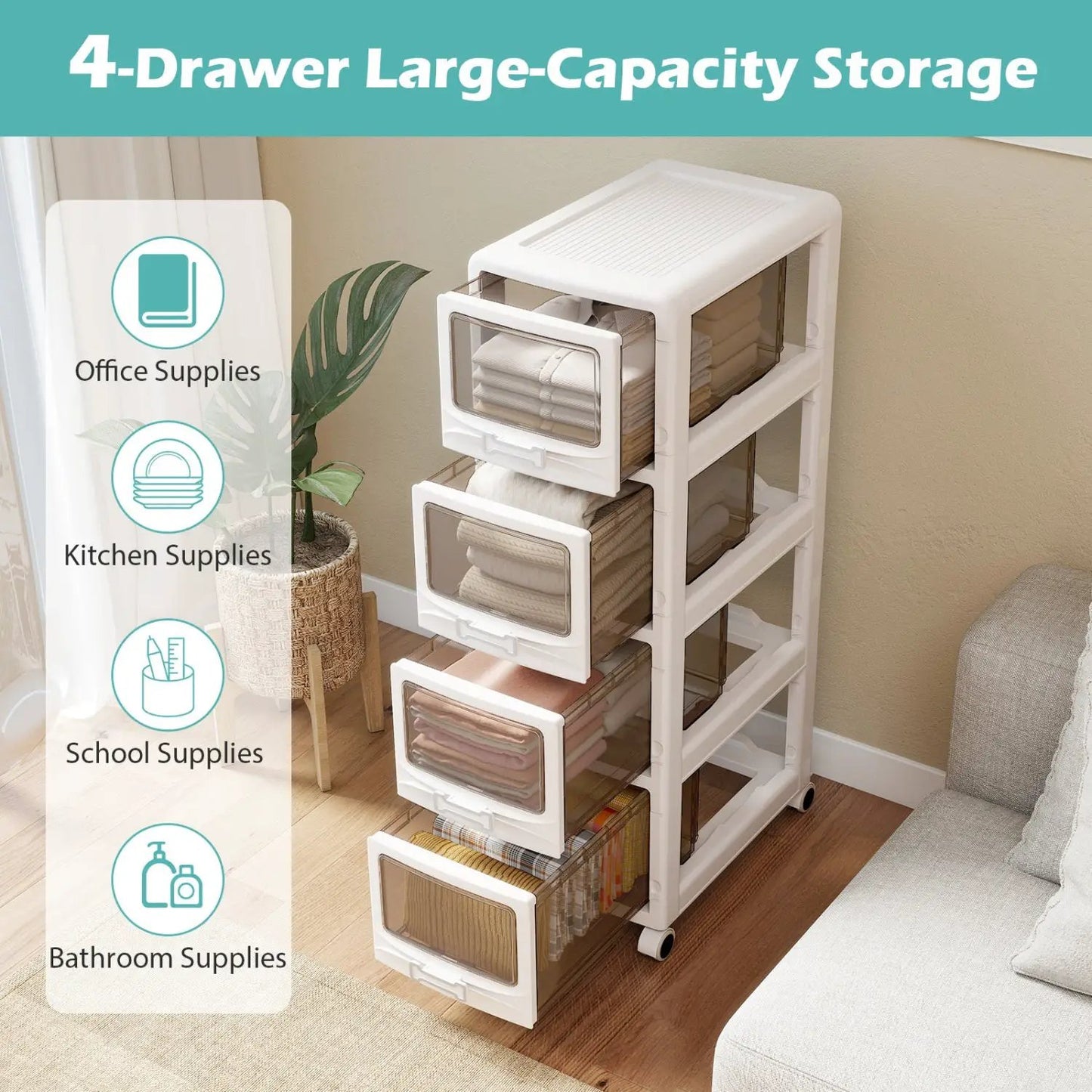 Rolling Storage Cart With Lockable Wheels
