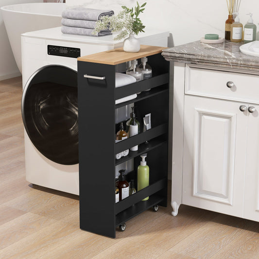 4-Tier Rolling Storage Cart Slim Kitchen Cart on Wheels with Open Shelves and Handle-Black - Tampa Home & Garden Store