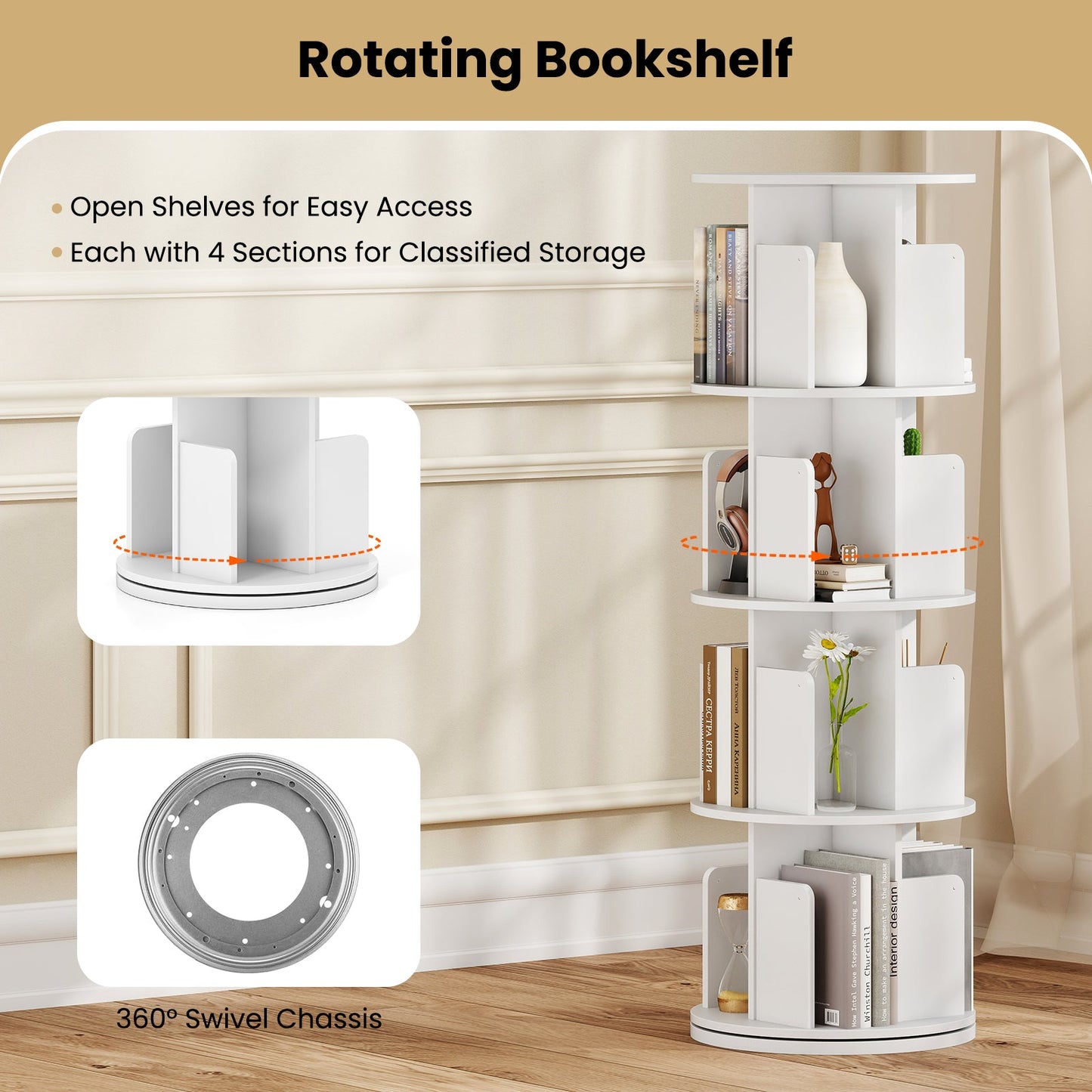 4-Tier Rotating Bookshelf 360¬∞ Display Rack with Dividers and Anti-falling Baffles