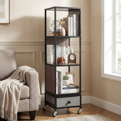 Rotating Bookshelf on Wheels Removable Drawer