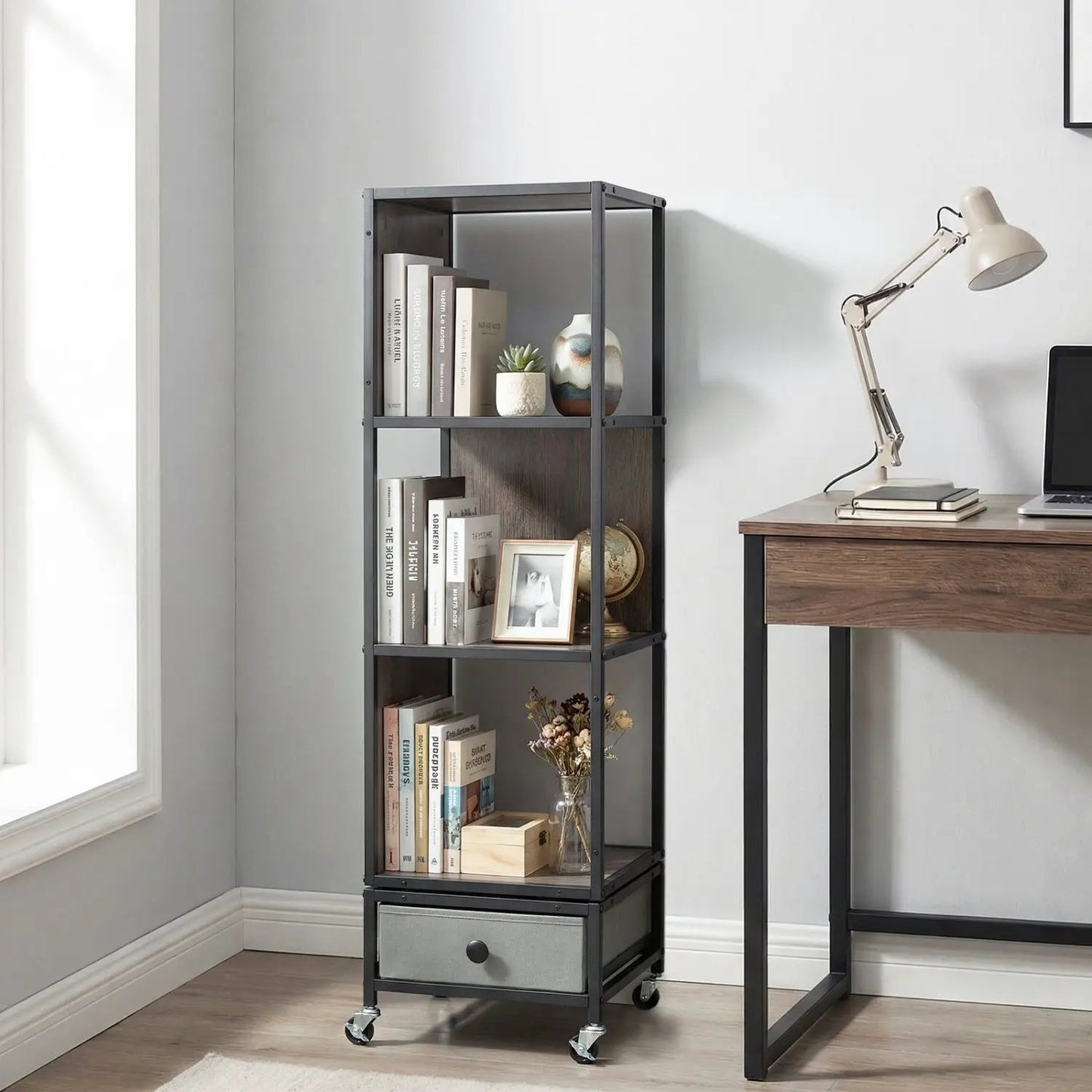 Rotating Bookshelf on Wheels Removable Drawer