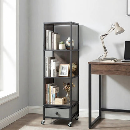 Rotating Bookshelf on Wheels Removable Drawer