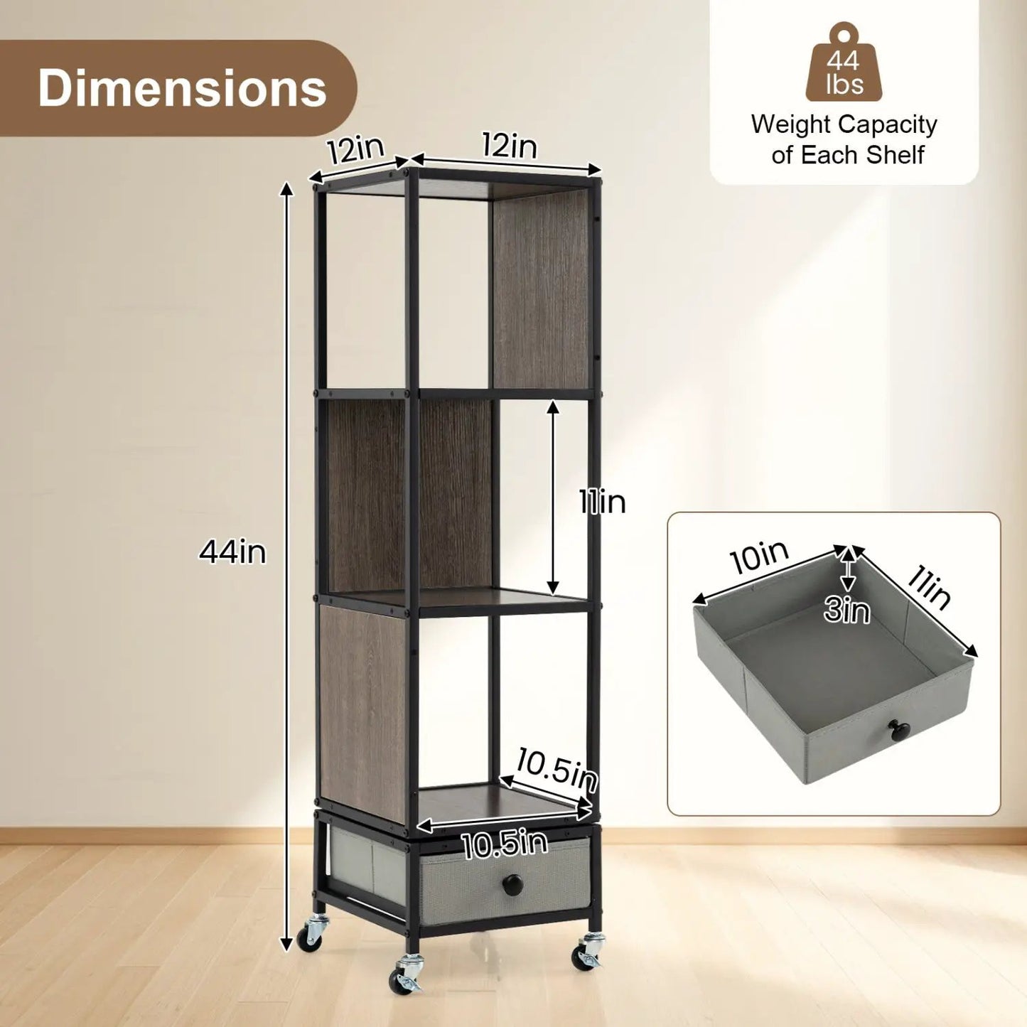Rotating Bookshelf on Wheels Removable Drawer