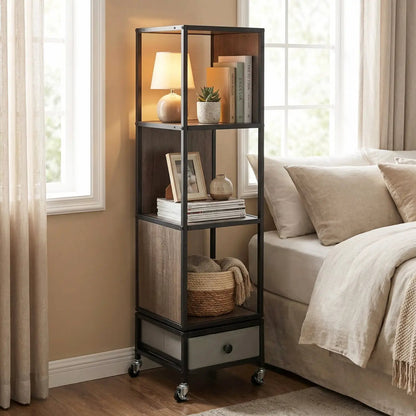 Rotating Bookshelf on Wheels Removable Drawer