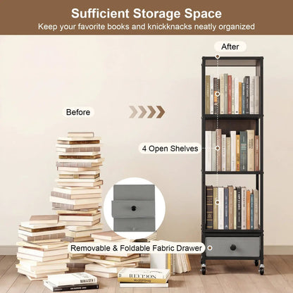 Rotating Bookshelf on Wheels Removable Drawer