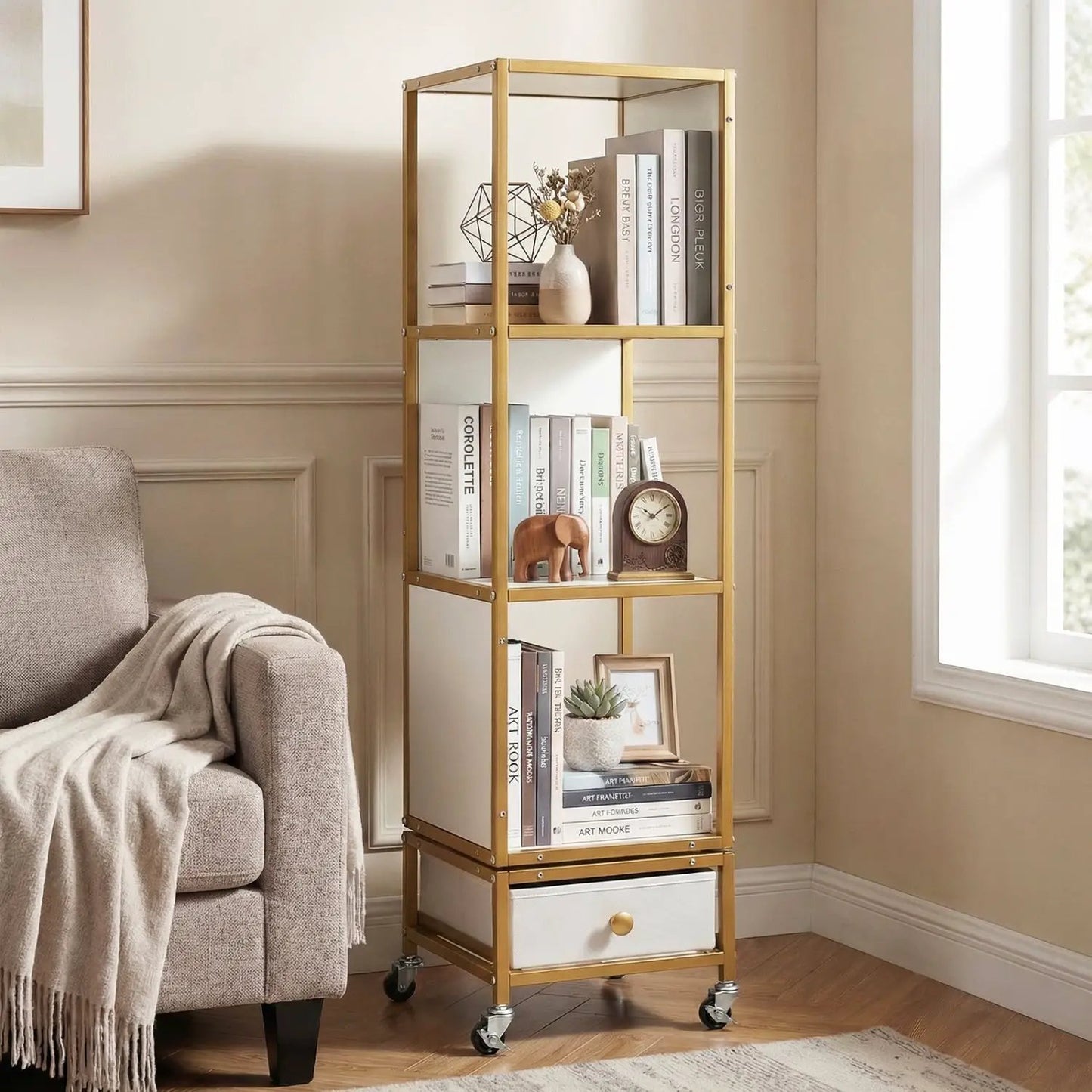 Rotating Bookshelf on Wheels Removable Drawer