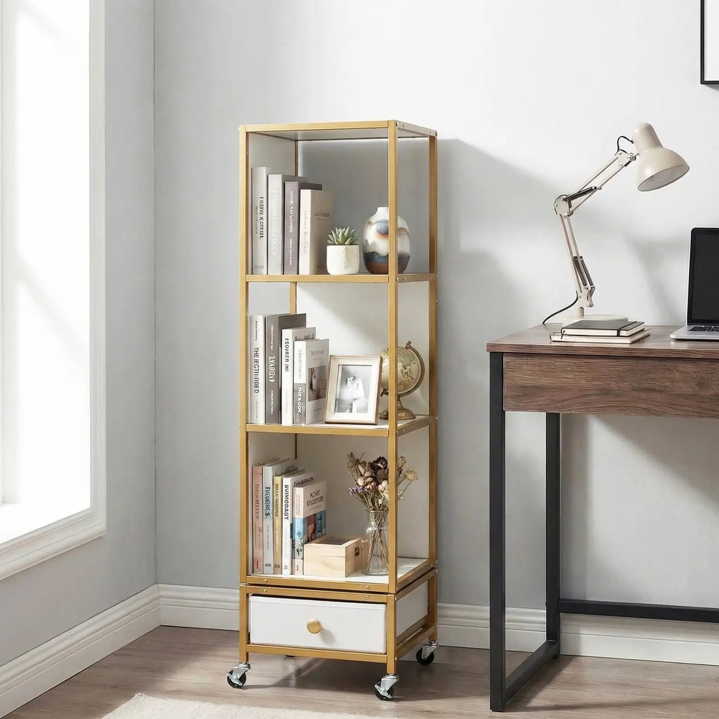Rotating Bookshelf on Wheels Removable Drawer