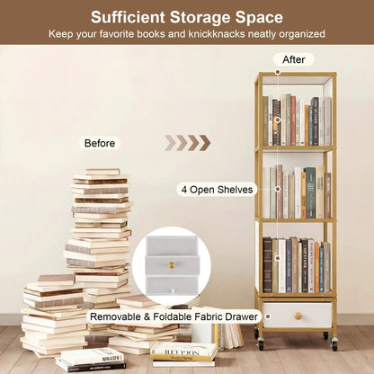 Rotating Bookshelf on Wheels Removable Drawer