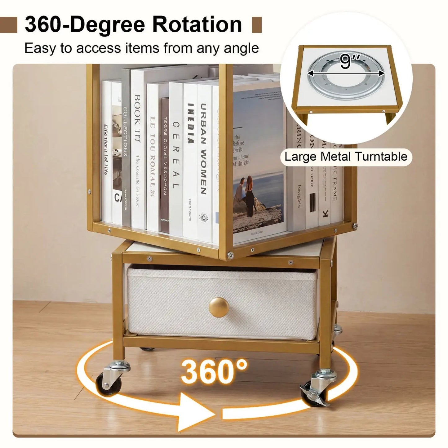 Rotating Bookshelf on Wheels Removable Drawer