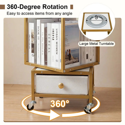 Rotating Bookshelf on Wheels Removable Drawer