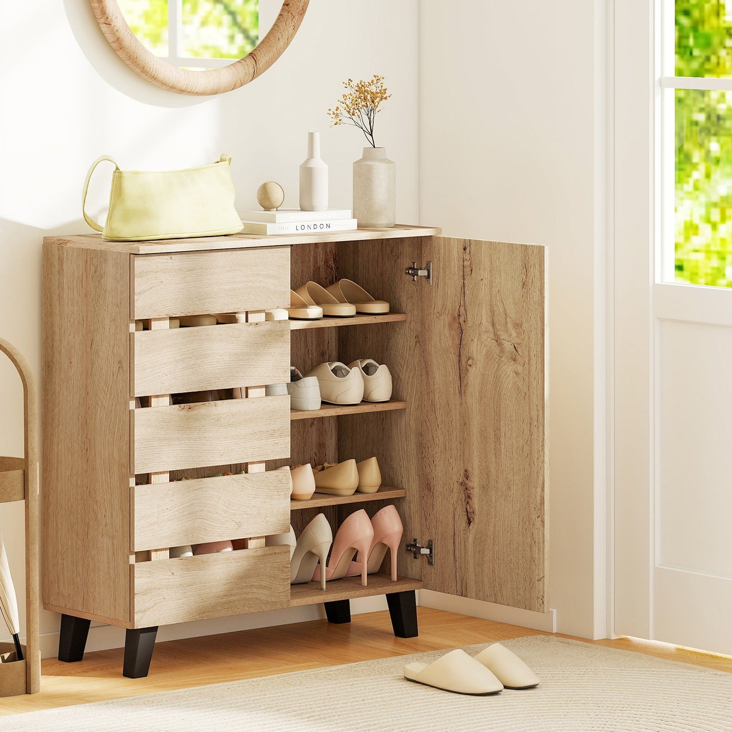 4-Tier Shoe Cabinet 2-Door Storage Organizer with Louvered Door-Natural