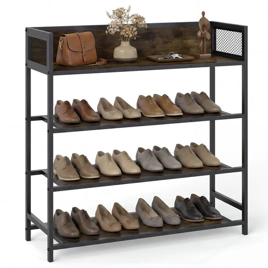 4-Tier Shoe Rack industrial organizer with metal frame and dark wood shelves on Tampa Home & Garden Store
