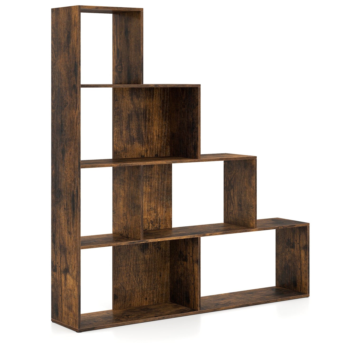 4-Tier Bookshelf Stair Bookcase with 6 Cubes Display Rack-Natural