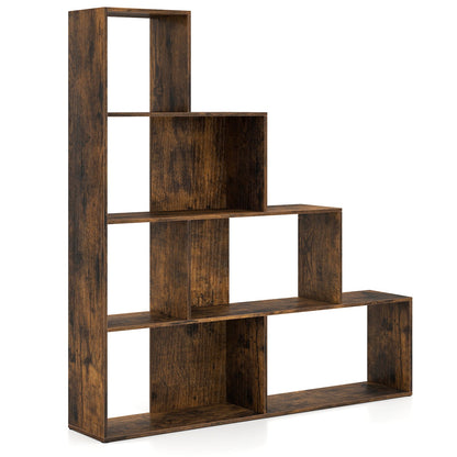 4-Tier Bookshelf Stair Bookcase with 6 Cubes Display Rack-Natural