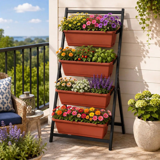 4-Tier Vertical Raised Garden Bed with Drainage Holes DirectDeals terracotta planters on a black metal stand on Tampa Home & Garden Store