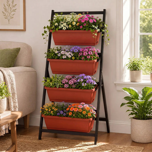 4-tier vertical raised garden bed on black metal stand with terracotta planters and flowers on Tampa Home & Garden Store