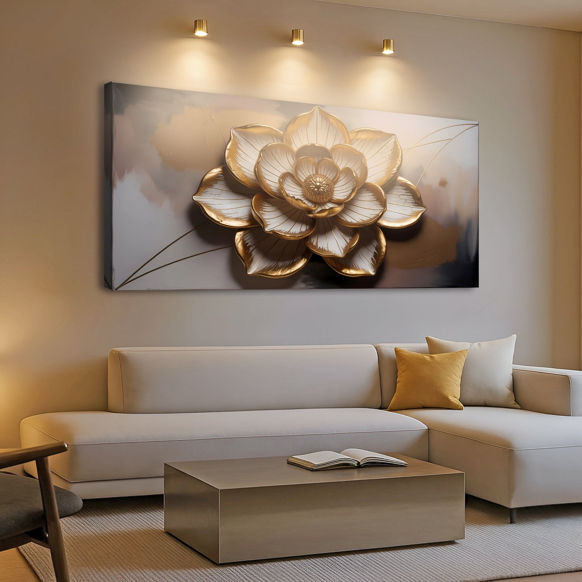 Golden lotus minimalist abstract canvas wall art with metallic gold petals Canvases on Tampa Home & Garden Store