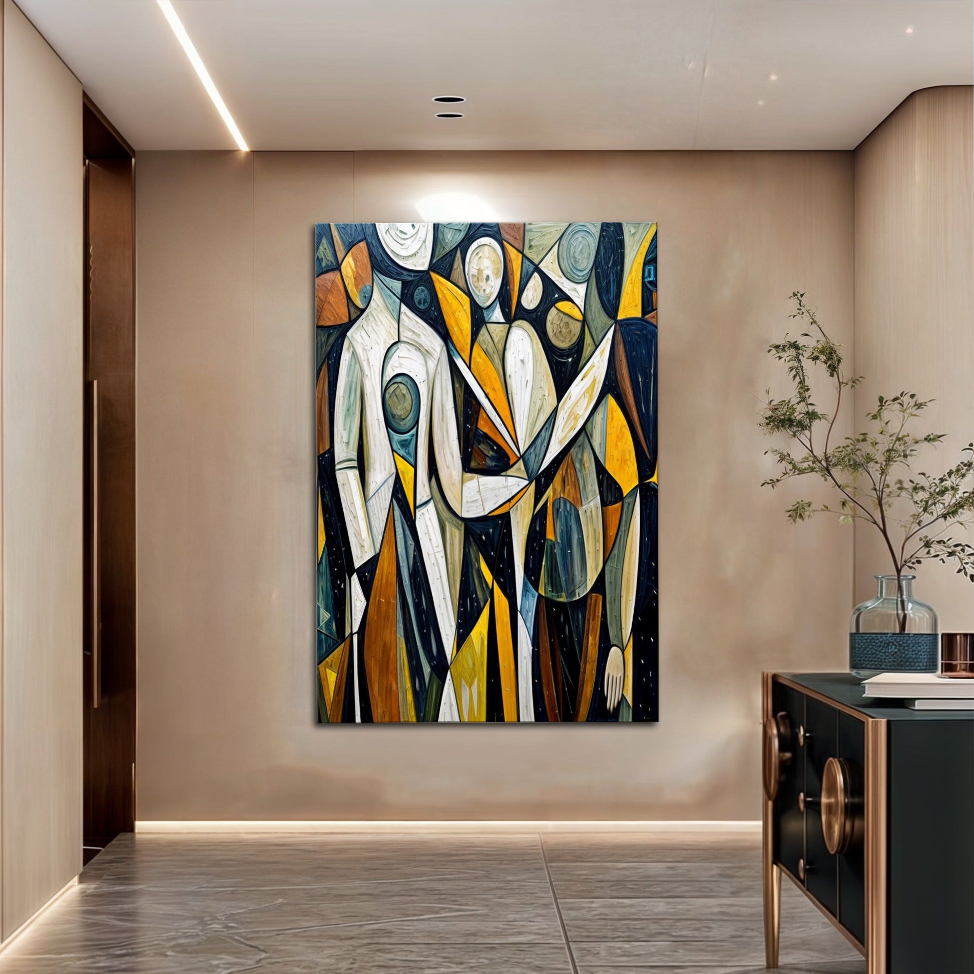 Abstract Human Connection Canvas by Tailored Canvases with bold yellow blue geometric shapes on Tampa Home & Garden Store