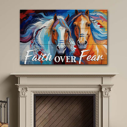 Faith Over Fear IV canvas by Tailored Canvases, vibrant two-horses artwork on wood background on Tampa Home & Garden Store