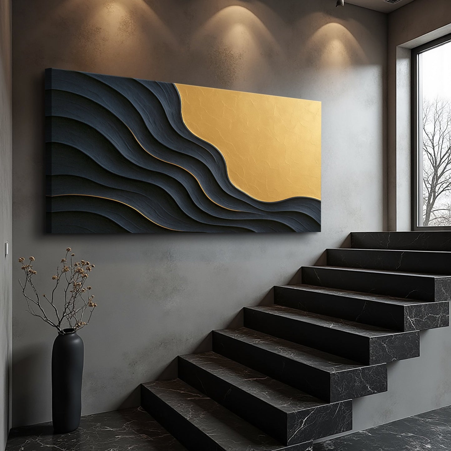 Canvas Black And Gold Minimalist Abstract XII by Tailored Canvases with dark waves and gold panel on Tampa Home & Garden Store