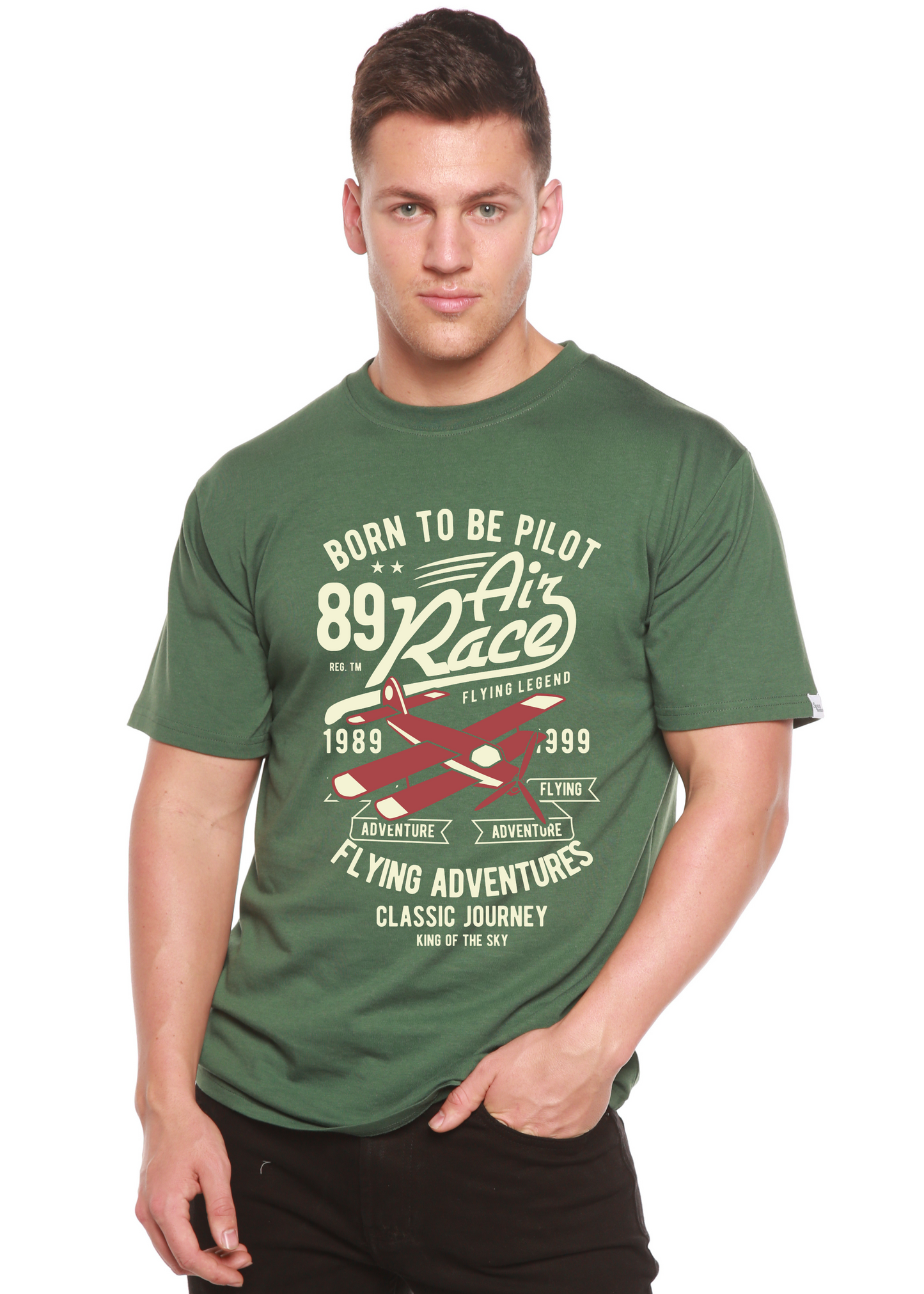 Born To Be Pilot men's green tee with airplane design; bamboo viscose/organic cotton Spun Bamboo on Tampa Home & Garden Store