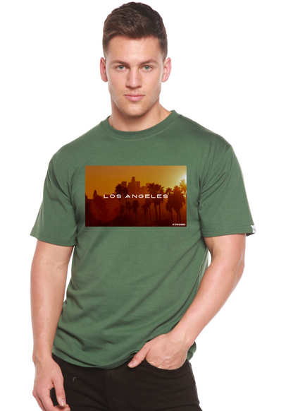 Los Angeles unisex bamboo viscose/organic cotton short sleeve graphic T-shirt in green with palm sunset LA cityscape by Spun Bamboo on Tampa Home & Garden Store