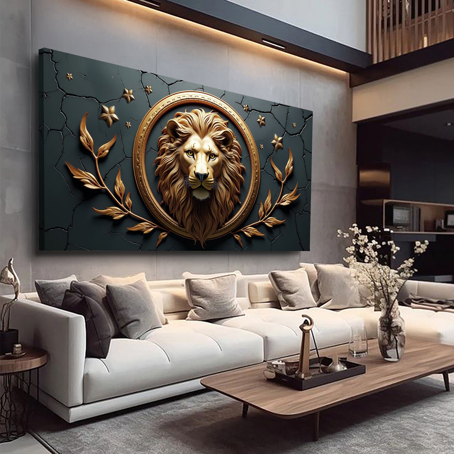 3D Majestic Lion Wall Art canvas with gilded round frame and teal cracked backdrop, gold leaves on Tampa Home & Garden Store