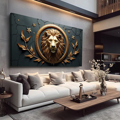 3D Majestic Lion Wall Art canvas with gilded round frame and teal cracked backdrop, gold leaves on Tampa Home & Garden Store