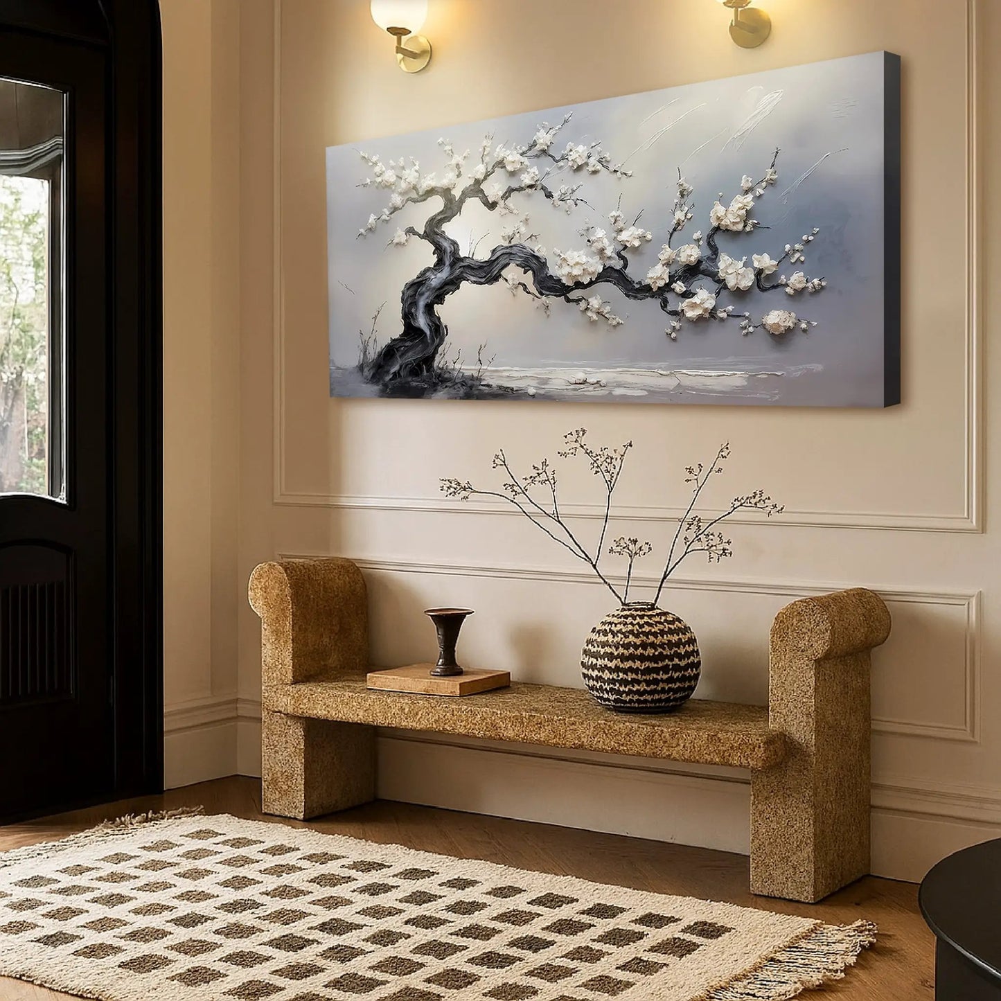 White Blossom Wall Art canvas by Tailored Canvases featuring textured white blossoms on Tampa Home & Garden Store