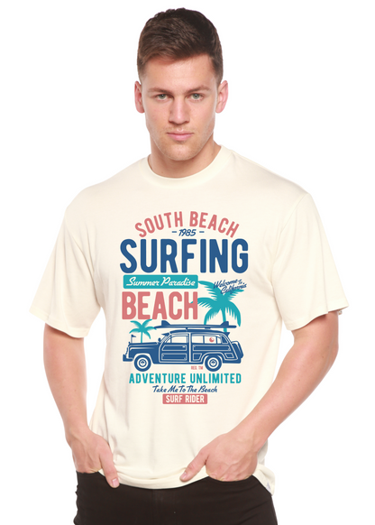 South Beach Spun Bamboo men's graphic tee with vintage beach van and palm print in blue teal on Tampa Home & Garden Store