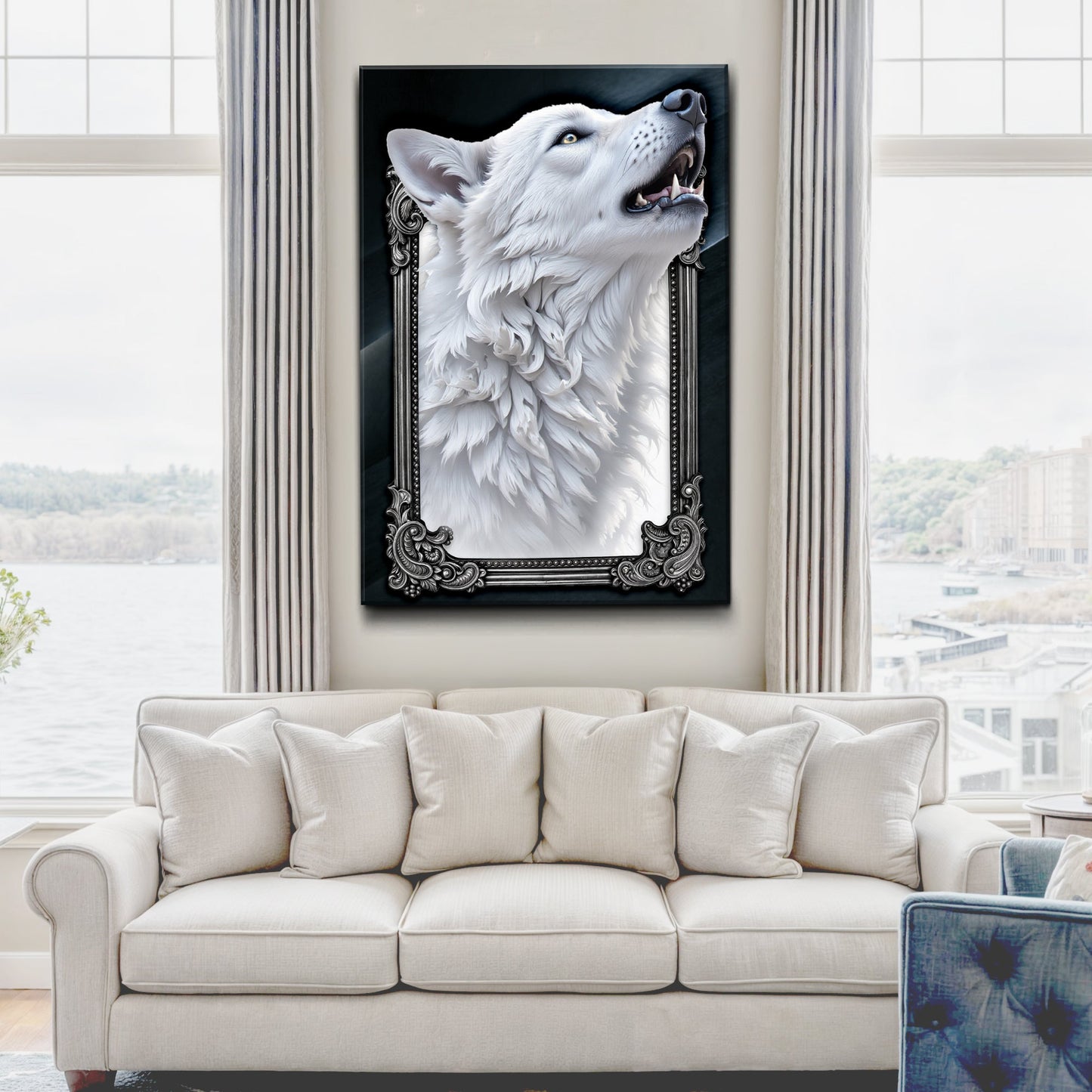 3D Wolf Wall Art III canvas by Tailored Canvases, white wolf portrait in ornate black frame on Tampa Home & Garden Store