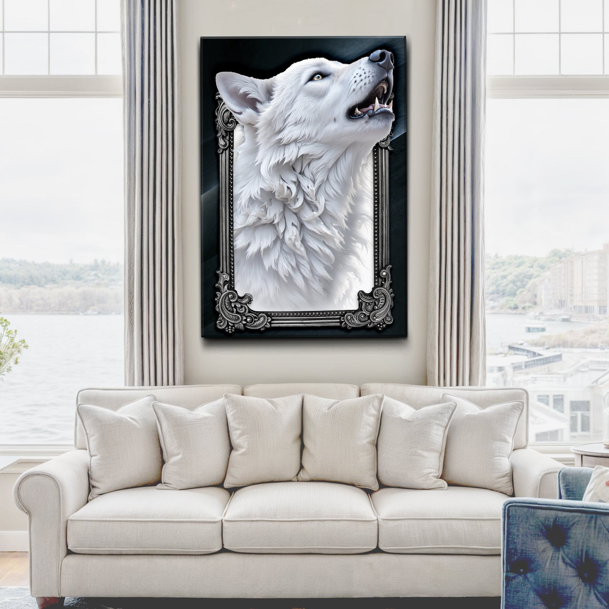 3D Wolf Wall Art III canvas by Tailored Canvases, white wolf portrait in ornate black frame on Tampa Home & Garden Store